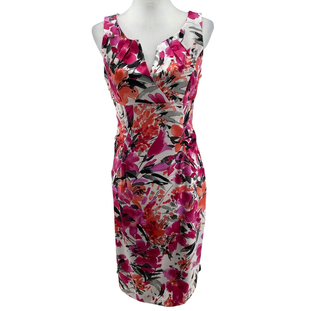 London Times Floral Satin Dress Women 8 Watercolor Wedding Guest Garden Party
